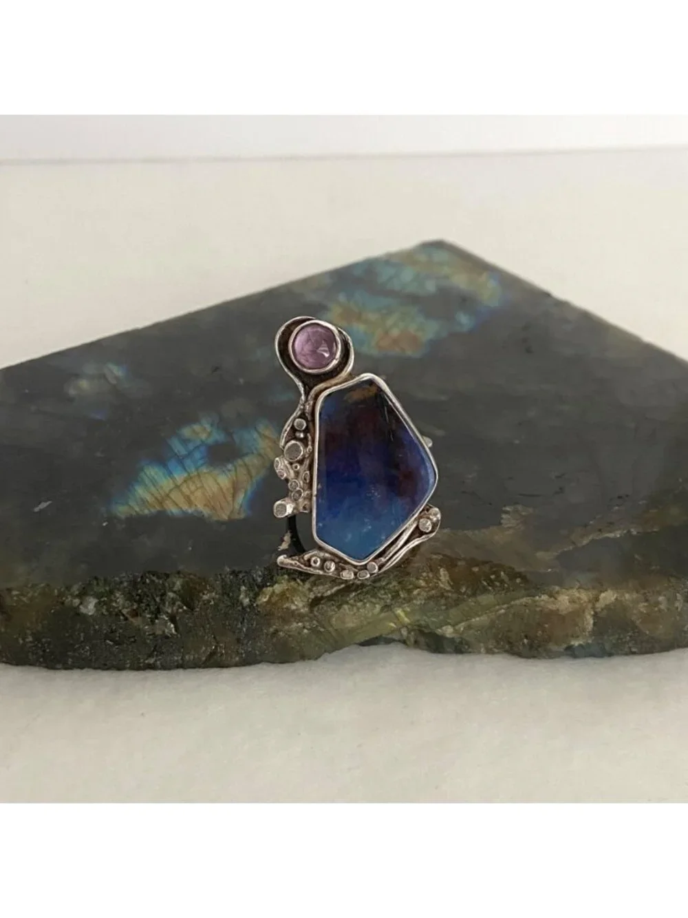 Sterling Silver 925 Brutalist Modernist Amethyst & Agate Ring Adjustable 7.5 - 8
